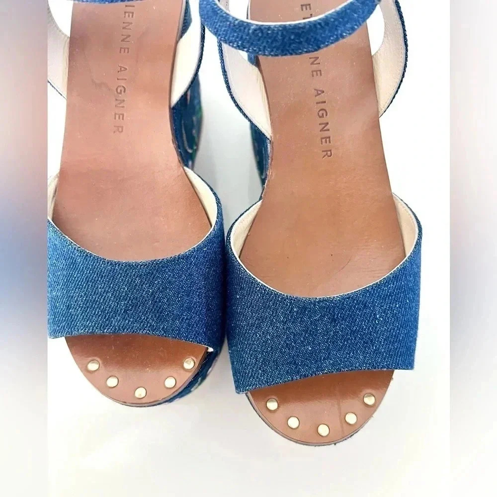 Etienne Aigner Sofhia Floral Embroidered Denim Platform Strappy Shoes‎ Size 6.5 - Picture 4 of 16